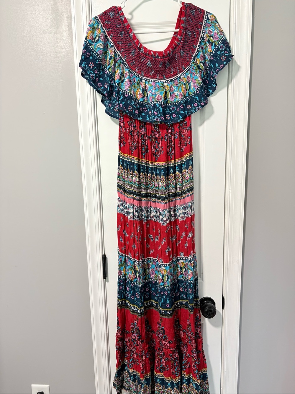 Boho Red Floral Maxi Dress with Teal Accent